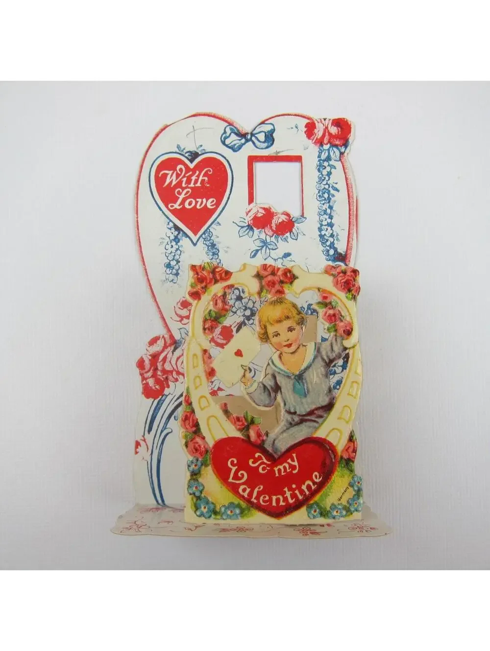 Vintage Valentine 3D Pop Up Die Cut Blonde Boy Sailor Suit Red Flowers & Hearts